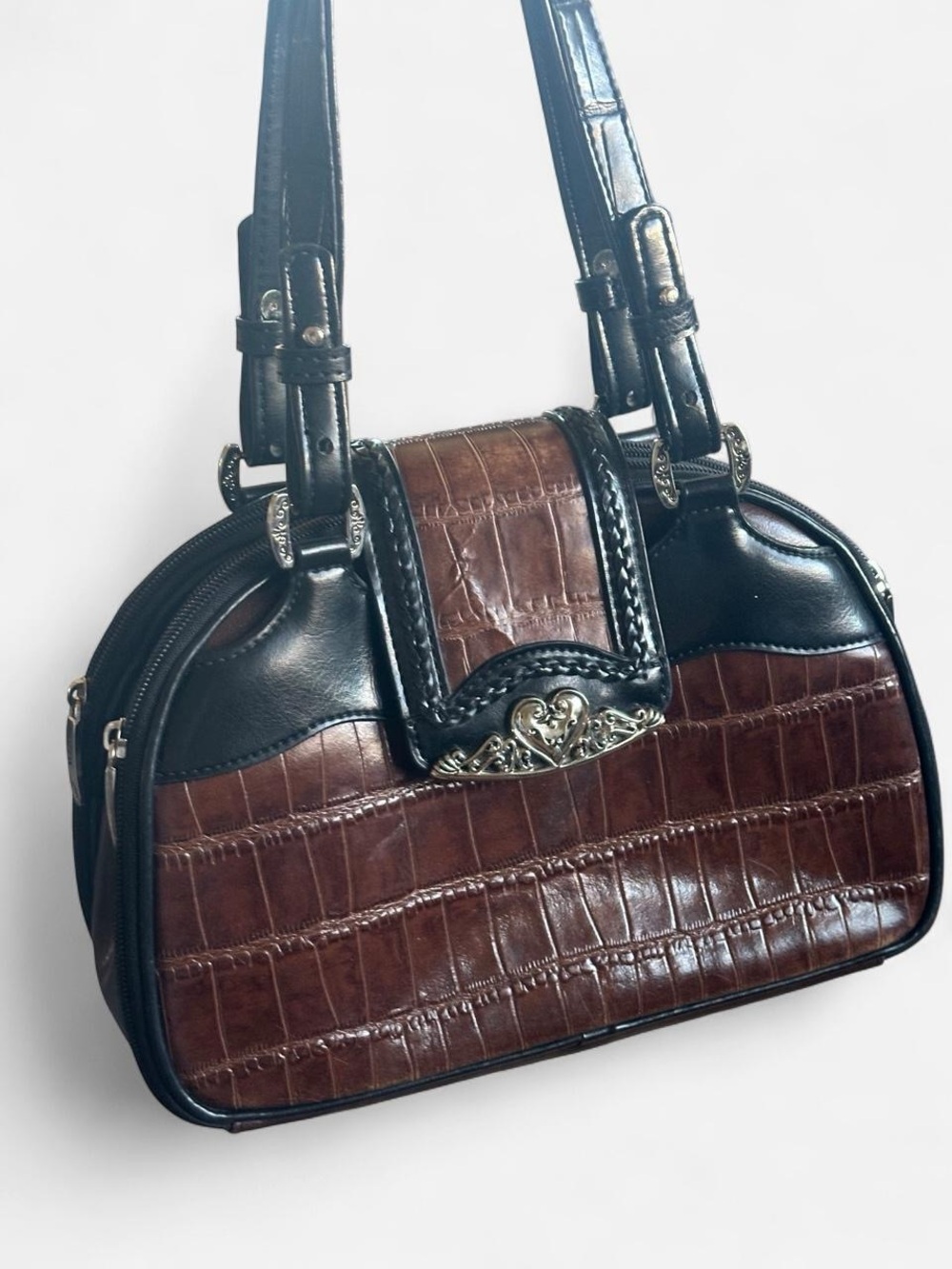 Croc-Embossed Brown and Black Shoulder Bag with Silver Accent